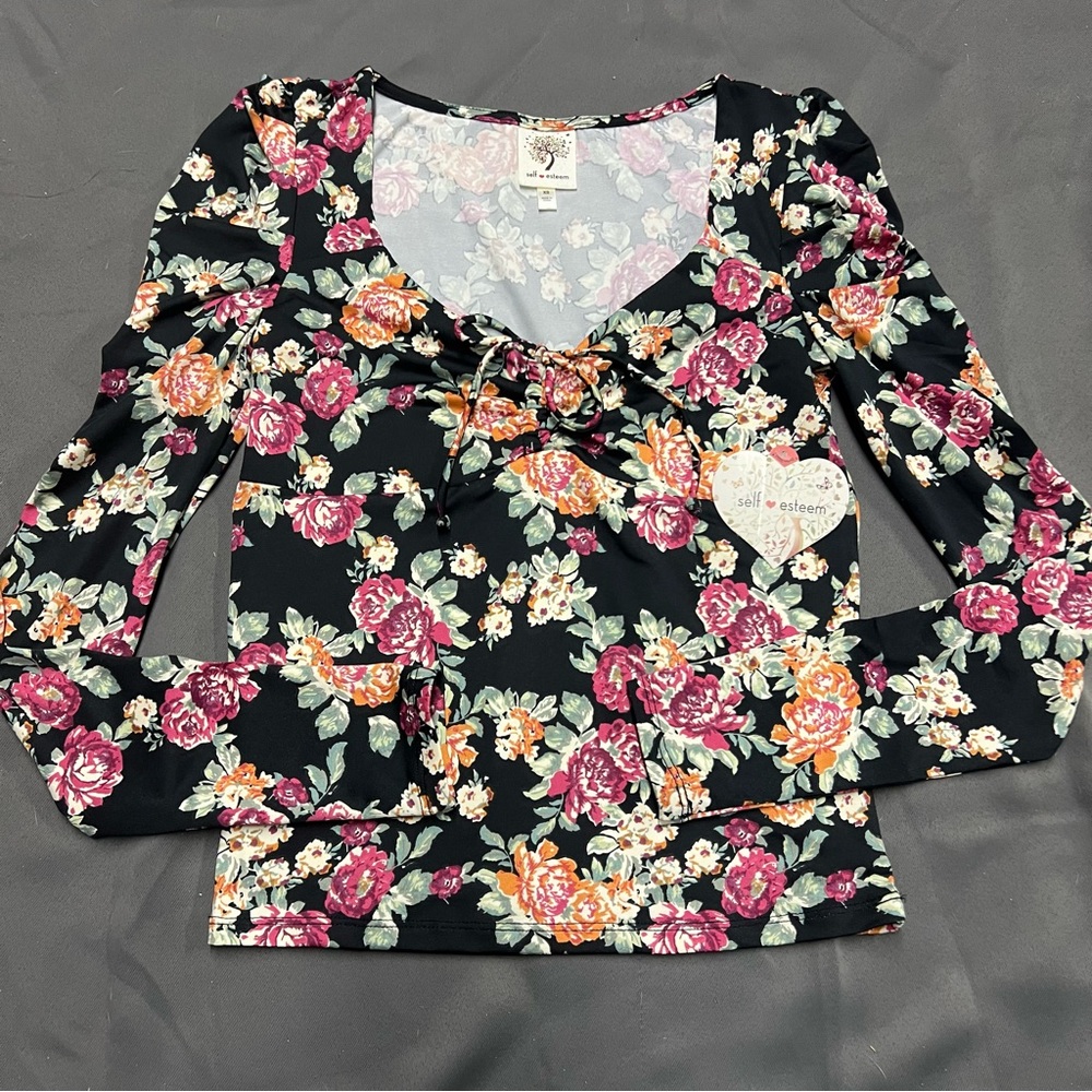 🌴Women’s Self Esteem V Neck Cinch Front Puffed Shoulder Long Sleeve Shirt - Picture 6 of 11